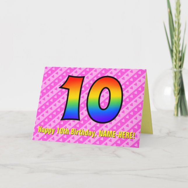 Spaß Rosa Streifen, Herz, Regenbogen # 10. Geburts Karte (Vorderseite)