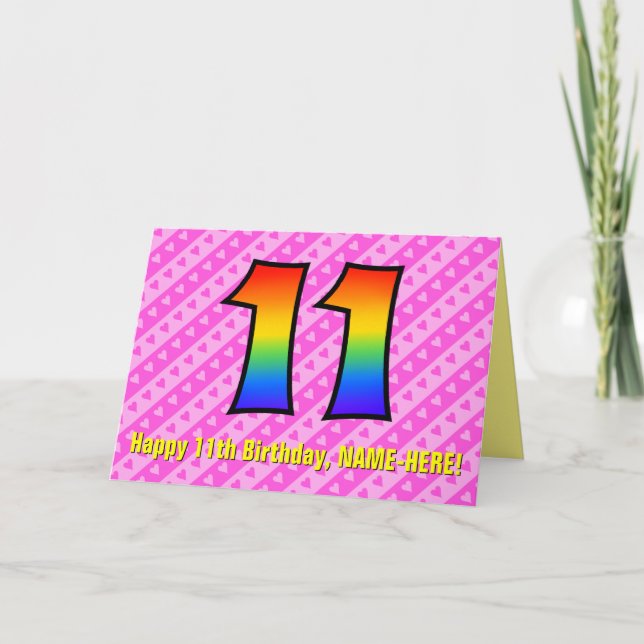 Spaß Rosa Streifen, Herz, Regenbogen # 11. Geburts Karte (Vorderseite)
