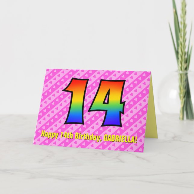 Spaß Rosa Streifen, Herz, Regenbogen # 14. Geburts Karte (Vorderseite)