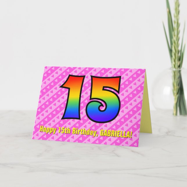 Spaß Rosa Streifen, Herz, Regenbogen # 15. Geburts Karte (Vorderseite)