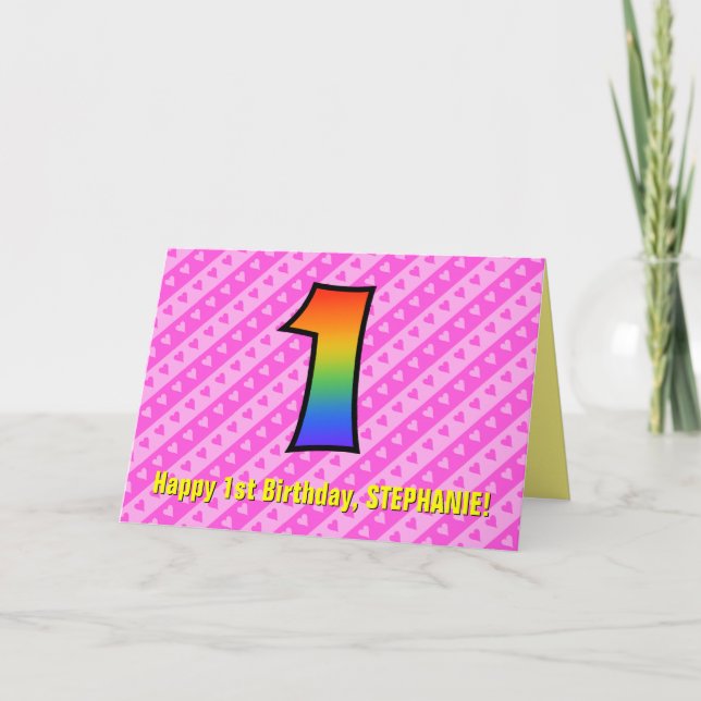 Spaß Rosa Streifen, Herz, Regenbogen # 1. Geburtst Karte (Vorderseite)