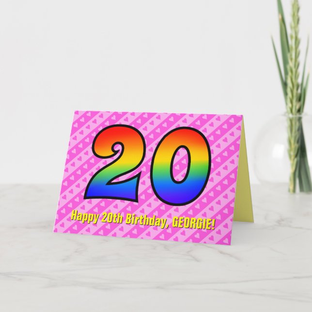 Spaß Rosa Streifen, Herz, Regenbogen # 20. Geburts Karte (Vorderseite)