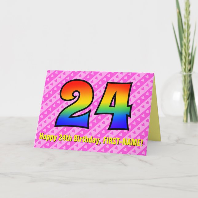 Spaß Rosa Streifen, Herz, Regenbogen # 24. Geburts Karte (Vorderseite)