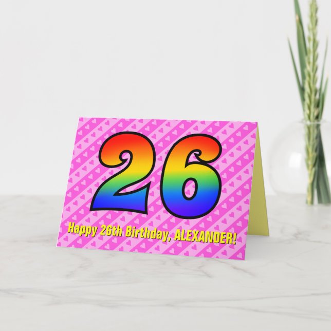 Spaß Rosa Streifen, Herz, Regenbogen # 26. Geburts Karte (Vorderseite)