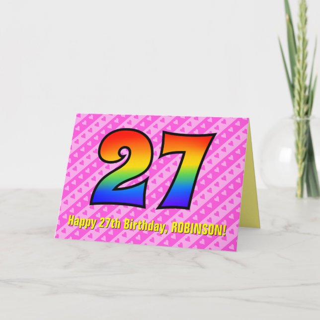 Spaß Rosa Streifen, Herz, Regenbogen # 27. Geburts Karte (Vorderseite)