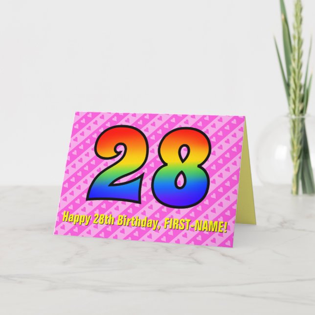 Spaß Rosa Streifen, Herz, Regenbogen # 28. Geburts Karte (Vorderseite)