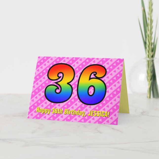 Spaß Rosa Streifen, Herz, Regenbogen # 36. Geburts Karte (Vorderseite)