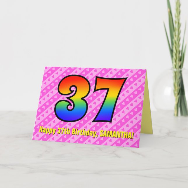 Spaß Rosa Streifen, Herz, Regenbogen # 37. Geburts Karte (Vorderseite)