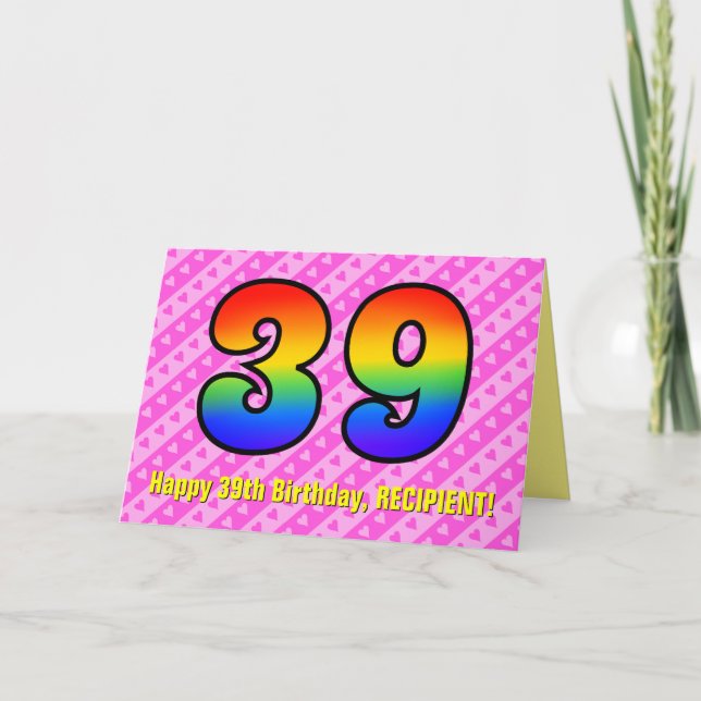 Spaß Rosa Streifen, Herz, Regenbogen # 39. Geburts Karte (Vorderseite)