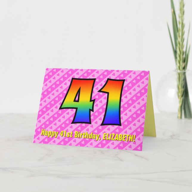 Spaß Rosa Streifen, Herz, Regenbogen # 41. Geburts Karte (Vorderseite)