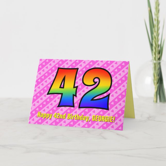 Spaß Rosa Streifen, Herz, Regenbogen # 42. Geburts Karte (Vorderseite)