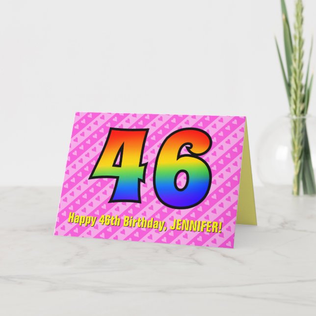 Spaß Rosa Streifen, Herz, Regenbogen # 46. Geburts Karte (Vorderseite)