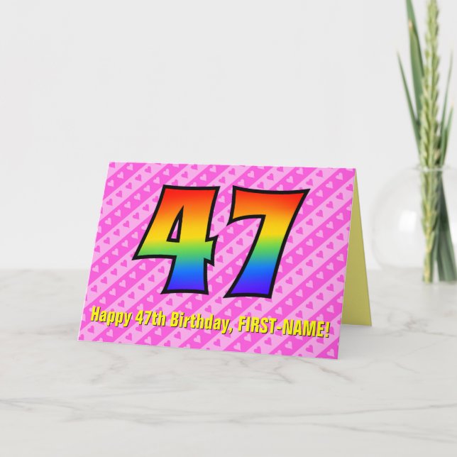 Spaß Rosa Streifen, Herz, Regenbogen # 47. Geburts Karte (Vorderseite)