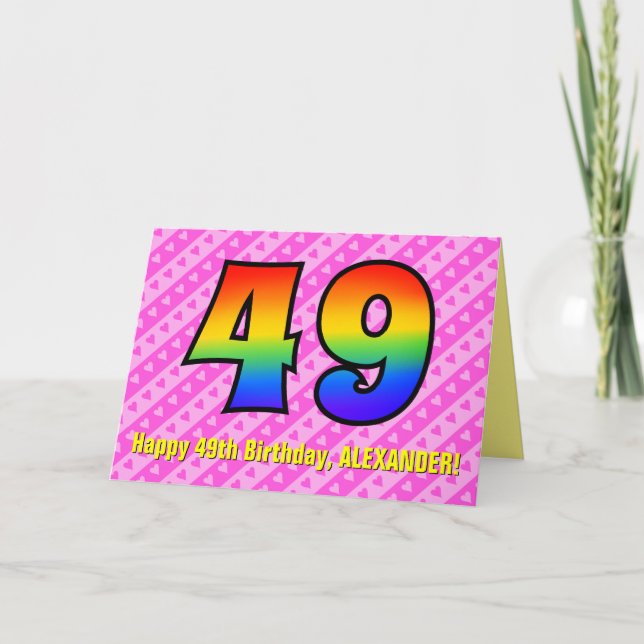 Spaß Rosa Streifen, Herz, Regenbogen # 49. Geburts Karte (Vorderseite)