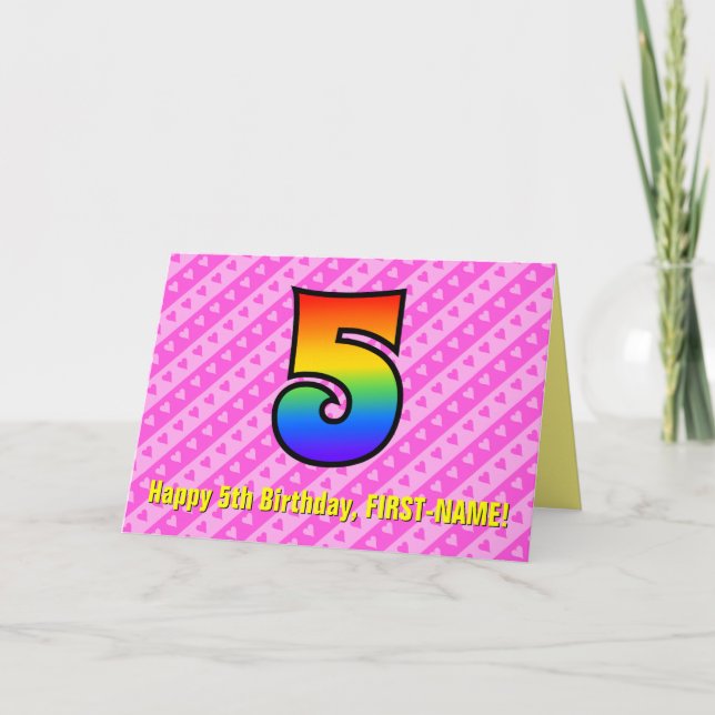 Spaß rosa Streifen, Herz, Regenbogen # 5. Geburtst Karte (Vorderseite)