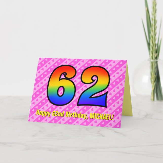 Spaß Rosa Streifen, Herz, Regenbogen # 62. Geburts Karte (Vorderseite)