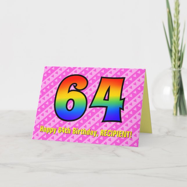 Spaß Rosa Streifen, Herz, Regenbogen # 64. Geburts Karte (Vorderseite)