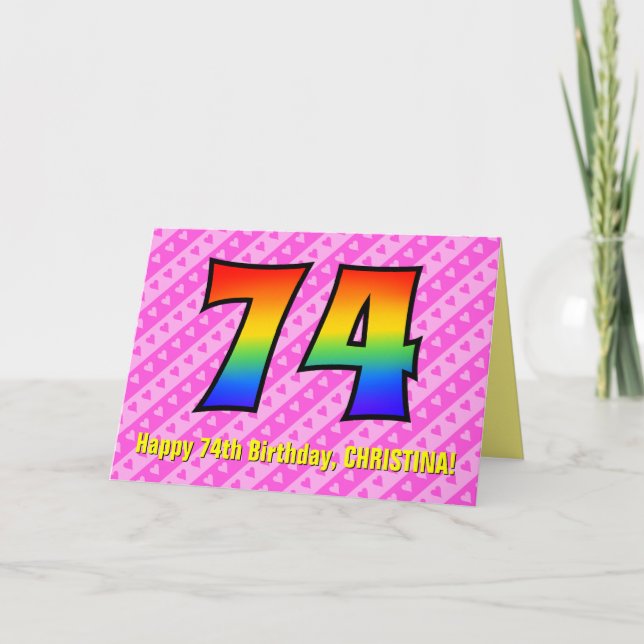 Spaß Rosa Streifen, Herz, Regenbogen # 74. Geburts Karte (Vorderseite)