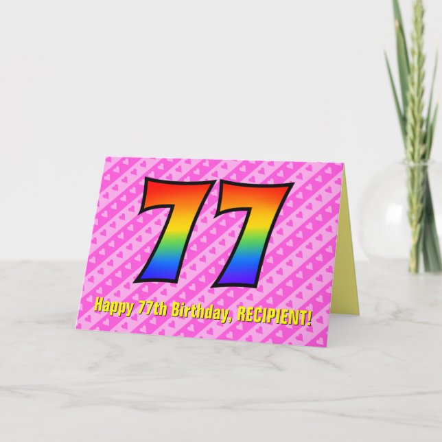 Spaß Rosa Streifen, Herz, Regenbogen # 77. Geburts Karte (Vorderseite)