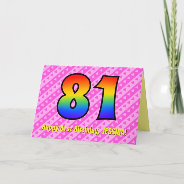 Spaß Rosa Streifen, Herz, Regenbogen # 81. Geburts Karte (Vorderseite)