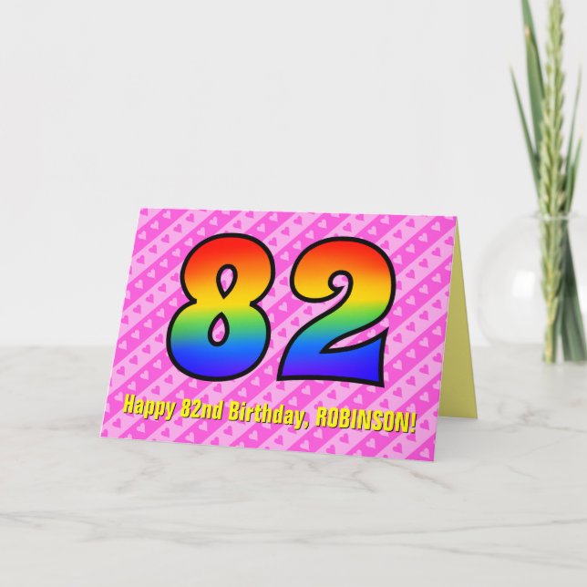 Spaß Rosa Streifen, Herz, Regenbogen # 82. Geburts Karte (Vorderseite)