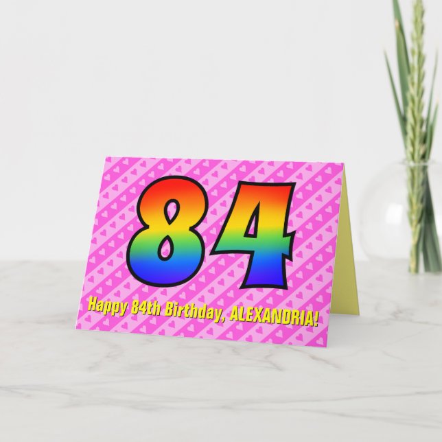 Spaß Rosa Streifen, Herz, Regenbogen # 84. Geburts Karte (Vorderseite)