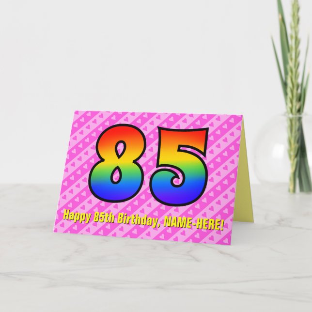 Spaß Rosa Streifen, Herz, Regenbogen # 85. Geburts Karte (Vorderseite)