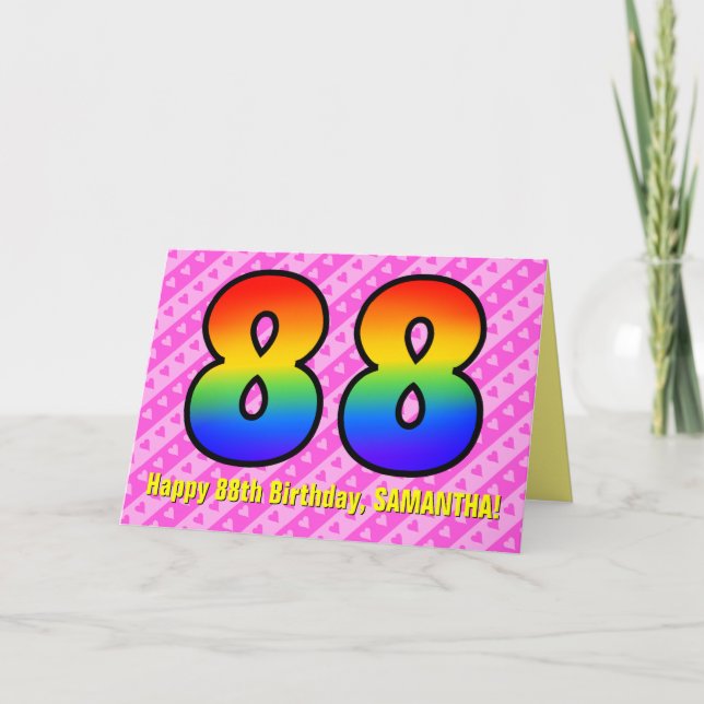 Spaß Rosa Streifen, Herz, Regenbogen # 88. Geburts Karte (Vorderseite)