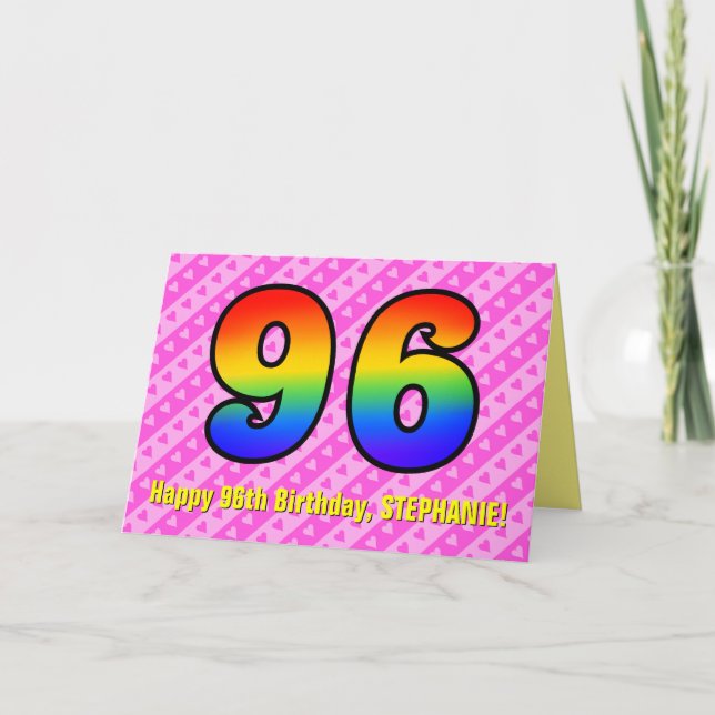 Spaß Rosa Streifen, Herz, Regenbogen # 96. Geburts Karte (Vorderseite)
