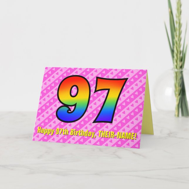 Spaß Rosa Streifen, Herz, Regenbogen # 97. Geburts Karte (Vorderseite)