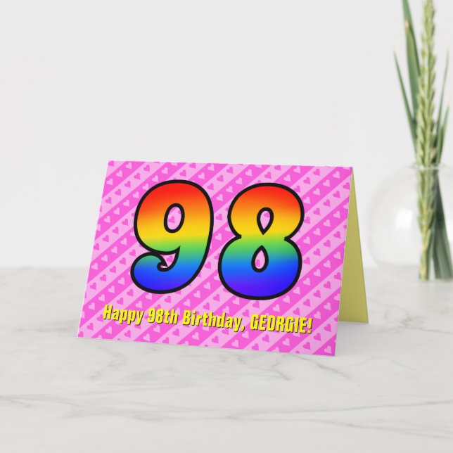 Spaß Rosa Streifen, Herz, Regenbogen # 98. Geburts Karte (Vorderseite)