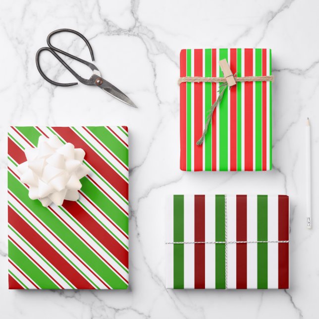 Spaß Rot, Weiß, Grüne Weihnachten  Streifen Geschenkpapier Set (Vorderseite)
