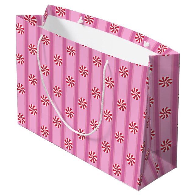 Spaß und Extravagant Pink Weihnachten Pfefferminzb Große Geschenktüte (Rückseite Schrägansicht)