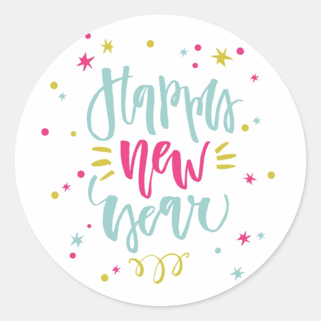 Spaß und festliche Kalligrafie Happy New Year Stic Runder Aufkleber (Vorderseite)
