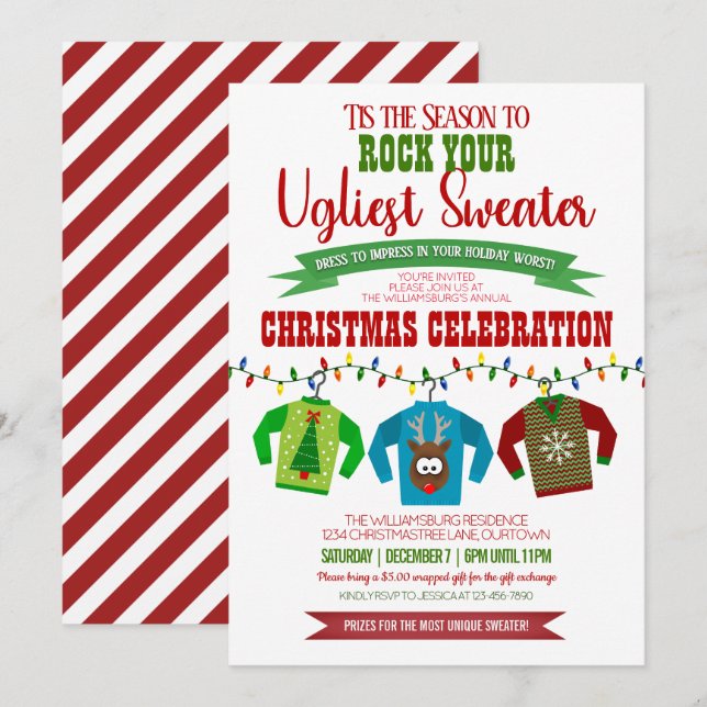 Spaß und festliches Ugly Christmas Sweater Party Einladung (Vorne/Hinten)