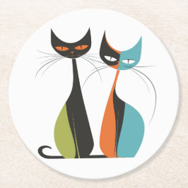 Spaß Vintag Retro MCM Katzen Türkis Orange Schwarz Runder Pappuntersetzer