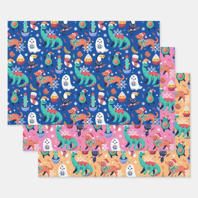 Spaß Weihnachten Dinosaurier Dog Parrot Avocado Ca Geschenkpapier Set (Set)