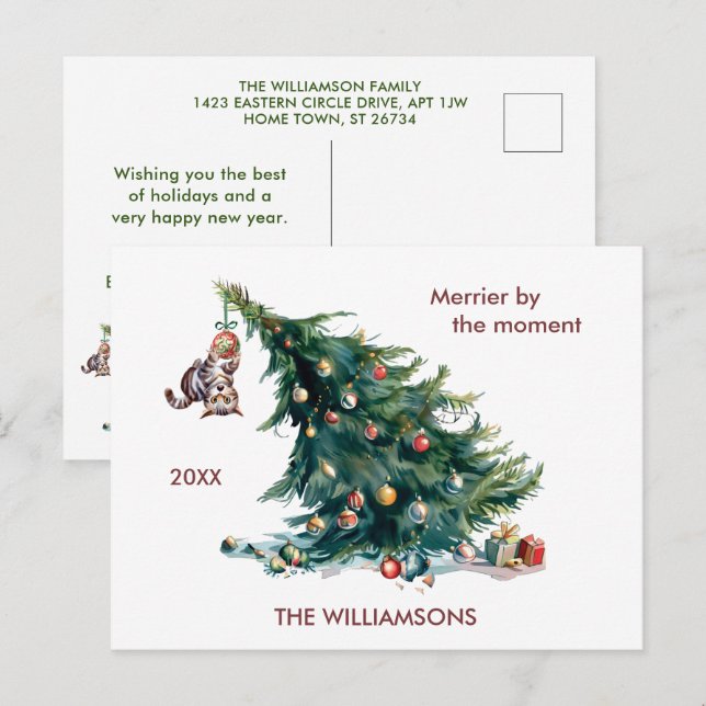 Spaß Weihnachtsbaum Dangling Cat Foto Feiertagspostkarte (Vorne/Hinten)