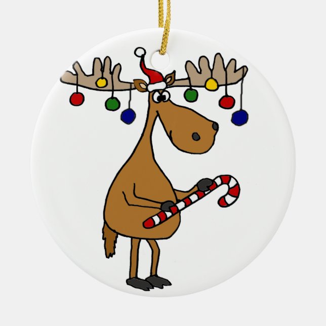 Spaß-Weihnachtselche mit Zuckerstange und Keramikornament (Vorne)