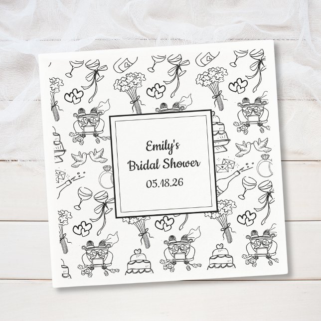Spaß Whimsical Doodle Trendy Niedliches Brautparty Serviette (Custom bridal shower napkins featuring whimsical wedding icons – perfect for a trendy celebration.)