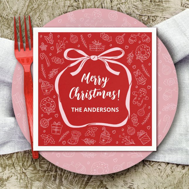 Spaß Whimsical Hand Drawn Bow Weihnachten Serviette (Personalize this cute Christmas party napkin with your name.)