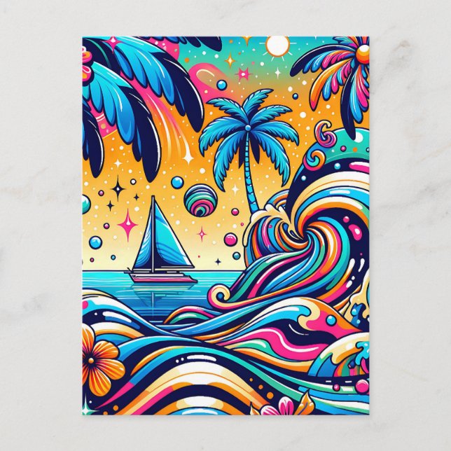 Spaß Whimsical Psychedelic Sailboat Postkarte (Vorderseite)