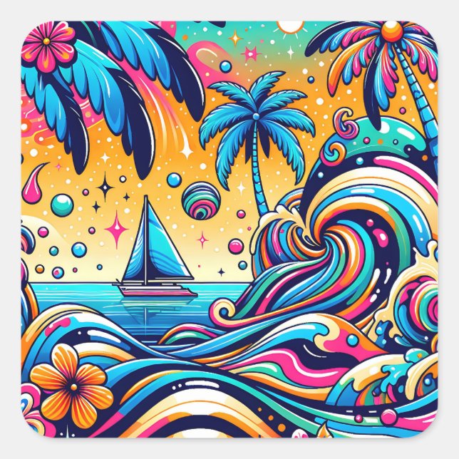 Spaß Whimsical Psychedelic Sailboat Quadratischer Aufkleber (Vorderseite)