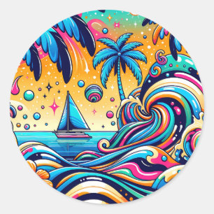 Spaß Whimsical Psychedelic Sailboat Runder Aufkleber