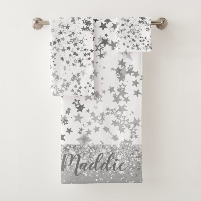 Spaß Whimsical Silber Stars auf Weiß Personalisier Badhandtuch Set (Insitu)