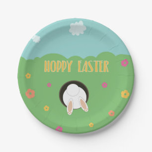 Spaß Wortpuff Hoppy Osterwoche mit weißem Hasen Pappteller