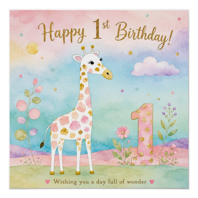 Spaßhafte Giraffe zum ersten Geburtstag Wunder Poster (Vorderseite)