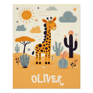 Spaßhafte niedliche Giraffe in der Savanne Poster