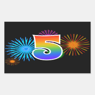 Spaßige Feuerwerk + Regenbogenmuster "5" Ereignisn Rechteckiger Aufkleber