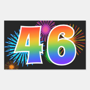 Spaßige Feuerwerke + Regenbogenmuster "46" Ereigni Rechteckiger Aufkleber